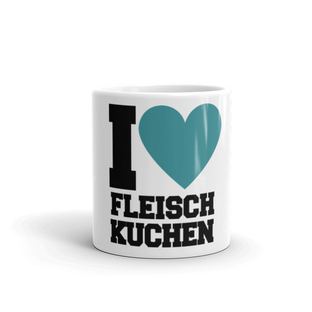 Weiße, glänzende Tasse - I Love Fleischkuchen