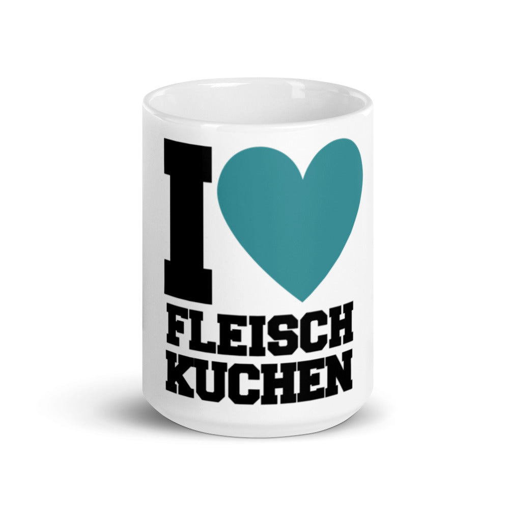 Weiße, glänzende Tasse - I Love Fleischkuchen